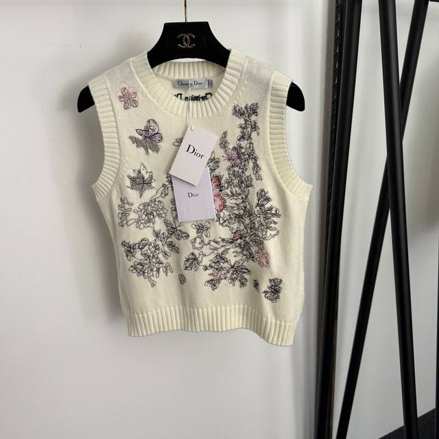 Style No. 20257007 Dio* New Butterfly Embroidered Flower Knitted Vest, Off-whit