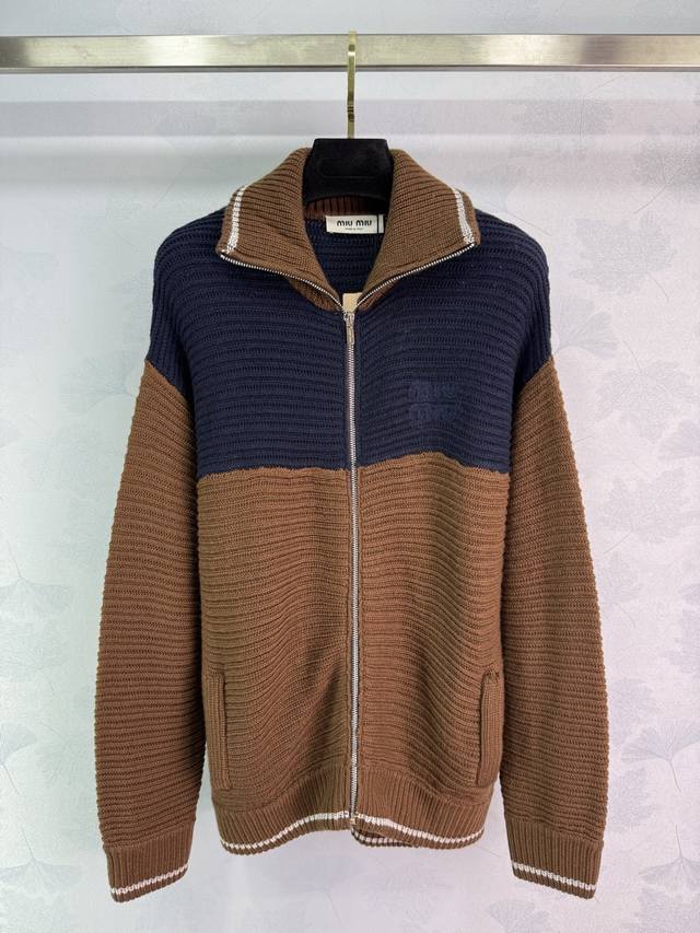 Miu*25 Autumn/Winter New Blue and Brown Color-Blocked Knit Cardigan - Super Cute