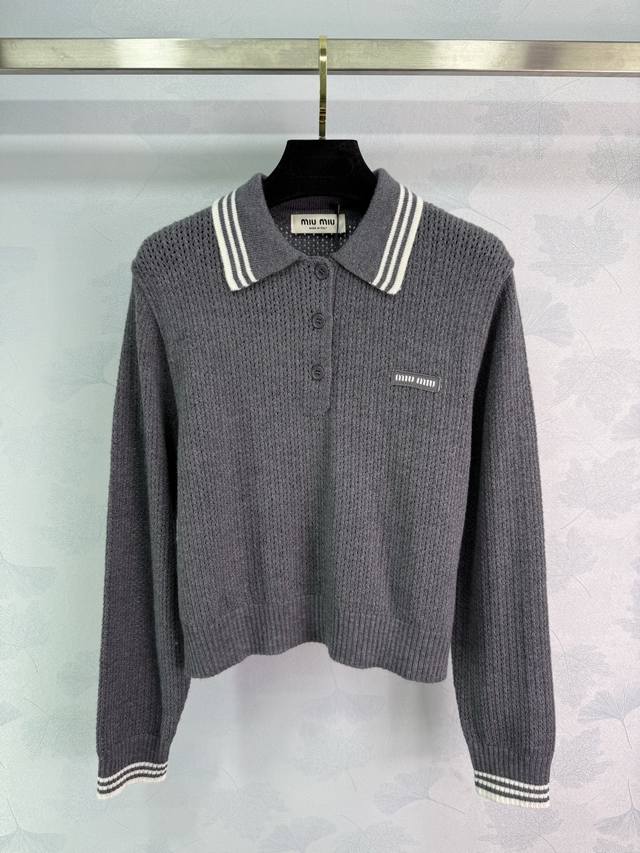 Miu*25 Autumn/Winter New Color Block Hollow-Out Polo Knit Sweater, Wool Blend Fa