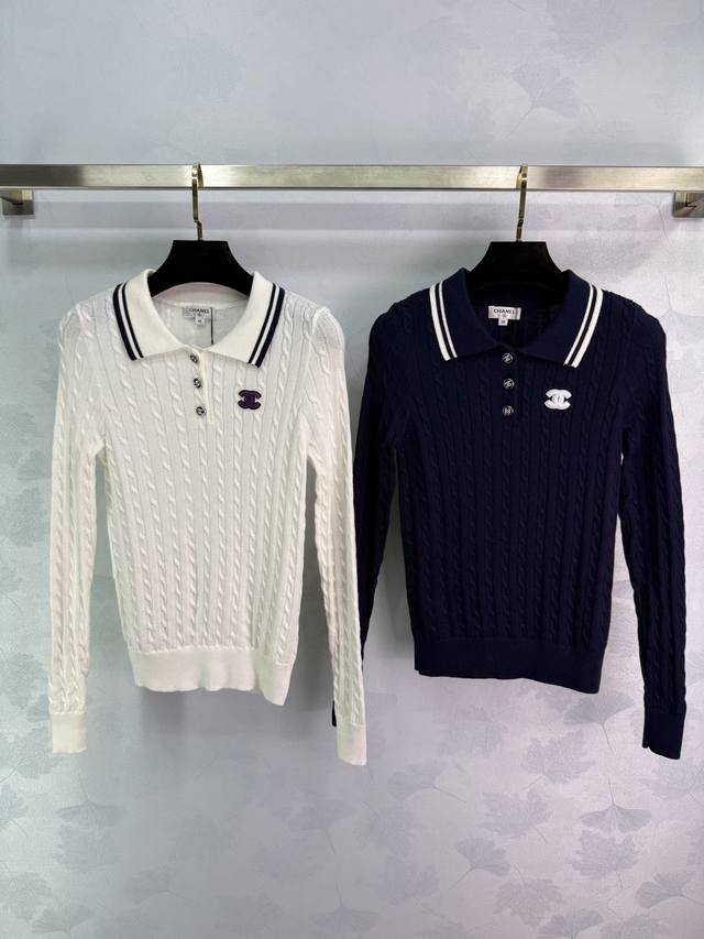 Ch*25 Early Autumn New Knitted Polo Shirt with Striped Collar, Double C Embroide