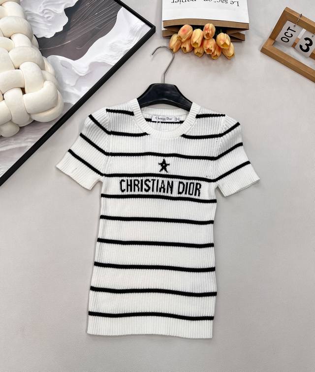 Dior Color-Blocked Striped Letter Jacquard Knit Sweater Short Sleeve A signature