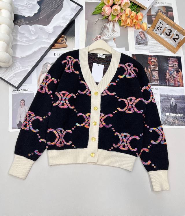Celine 2025Ss New Color-Blocked V-Neck Logo Knit Cardigan, Custom Yb Wool Knit M