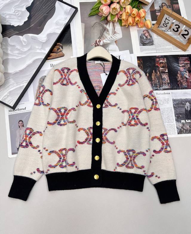 Celine 2025Ss New Color-Blocked V-Neck Logo Knit Cardigan, Custom Yb Wool Knit M