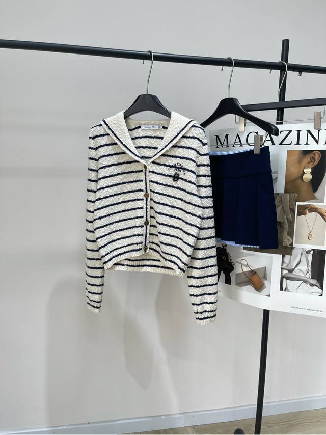 D Navy Blue and White Striped V-Neck Cardigan ., Fabric: Wool Blend Color: Navy