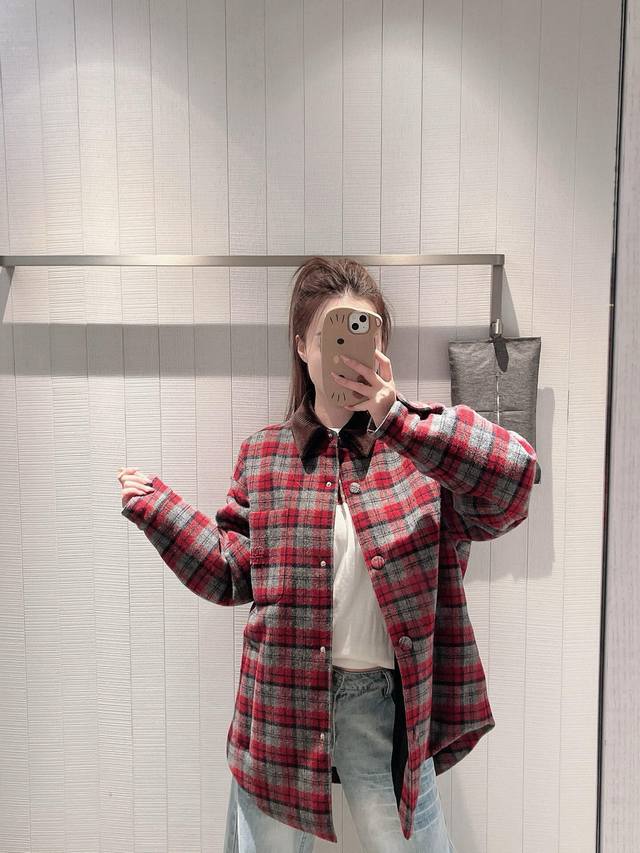 Miumi* 25Fw Autumn/Winter New Red Plaid Shirt-Style Down Jacket | Exclusive Yb D