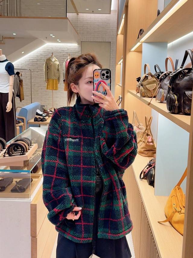 Miumi* 26Ss Early Spring New Plaid Fleece Jacket | Exclusive Yb Development! Hig