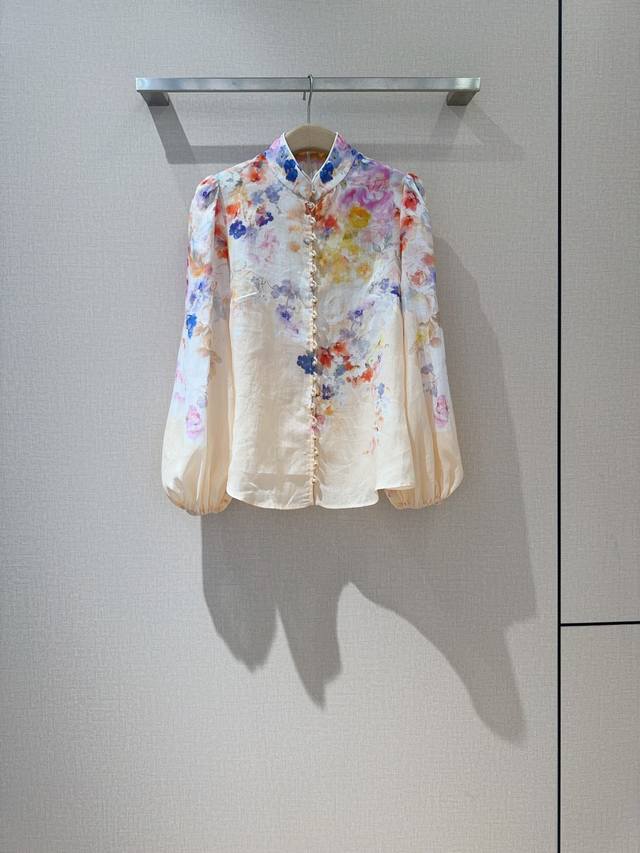 Z*I*M*M New Arrival~ Pink Multicolor Floral Pattern Shirt Made of ramie fabric,