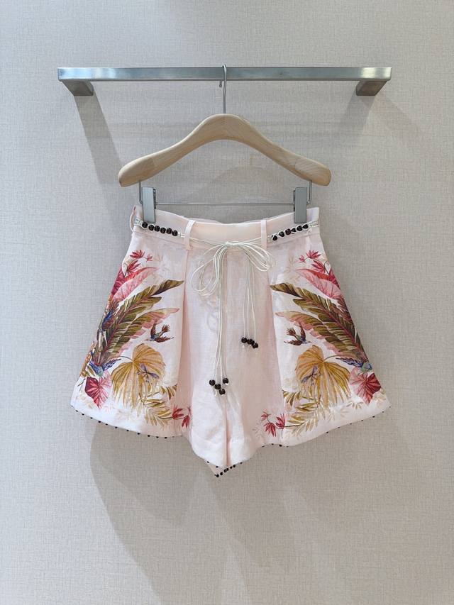 Zimmerman*N New Pleated Shorts Cream-colored palm tree floral print shorts Made