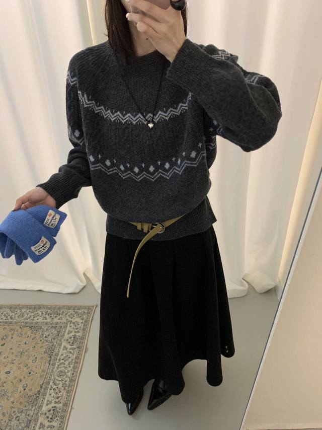 French 100% Wool High-Count Fair Isle Jacquard Crew Neck Sweater Autumn/Winter