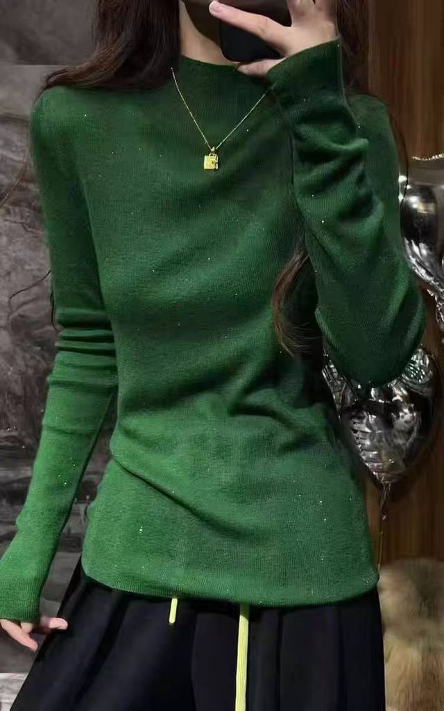 Italian Imported Crystal Yarn Soft Wool Sweater, High Neck Knit Top, Solid Colo