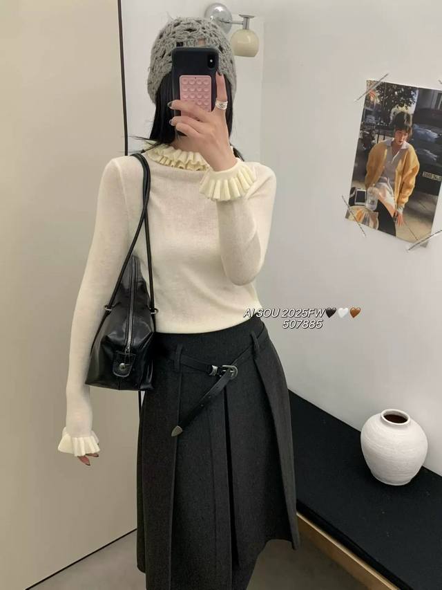 European Style 2025 Autumn/Winter New Fashionable Round Neck Versatile Ruffled