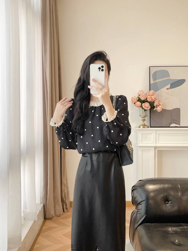 Polka dot top and protein leather skirt, 2025 autumn/winter new style, Tencel p