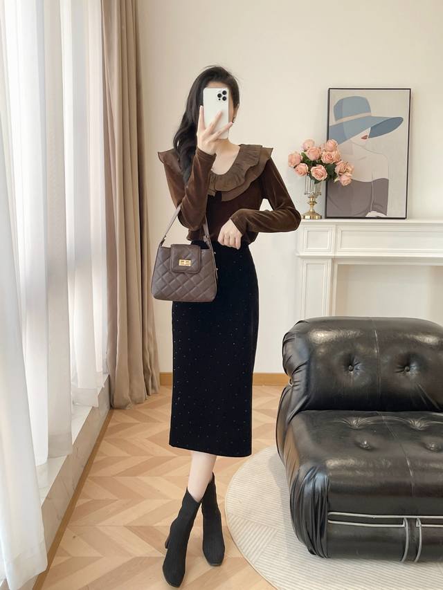 Top with Rhinestones and Skirt, 2025 Autumn/Winter New Style, Full Fleece Ruffl