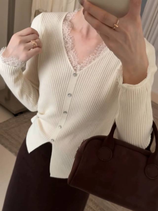 100% Wool Korean Style 2025 New V-Neck Lace-Trimmed Knitted Base Layer Loose Ve