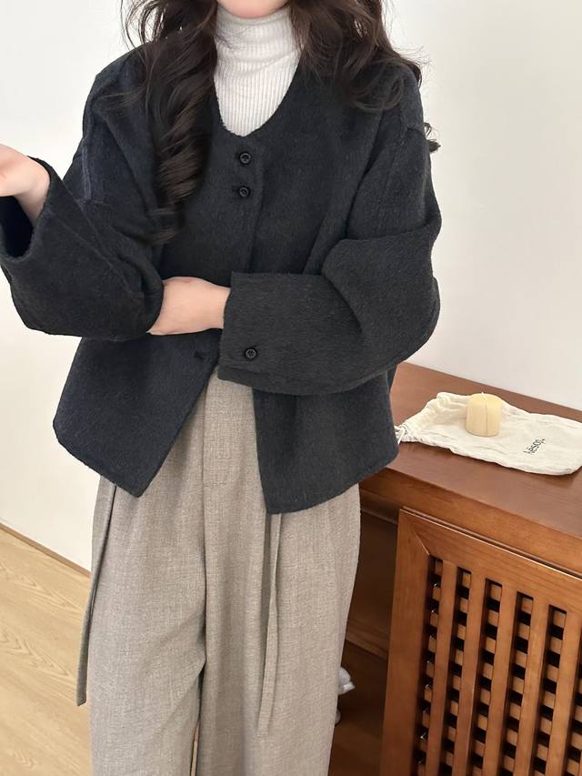 Korean Style Round Neck Double-Sided Cashmere Coat Women's Short Style 25 Autum