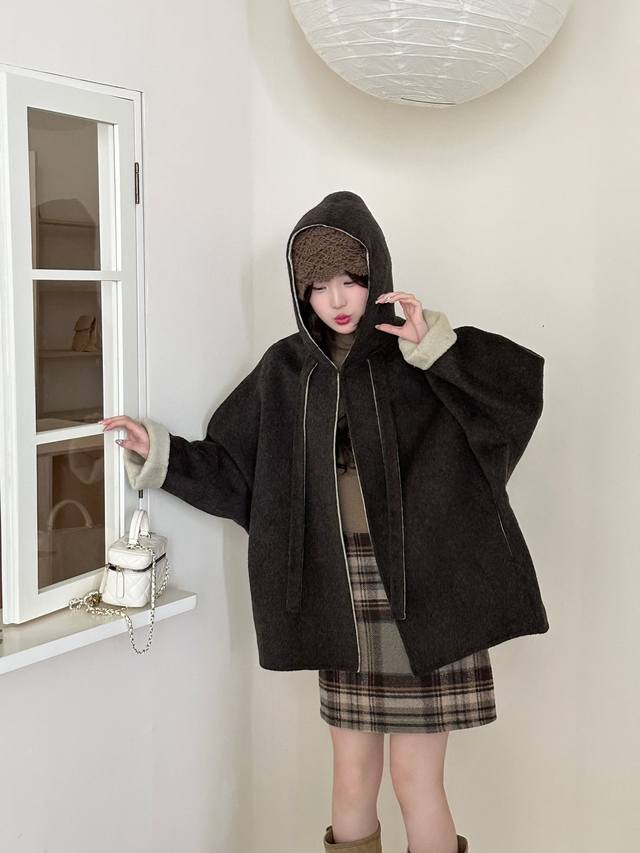 2025 Autumn/Winter Versatile Hooded Long-Sleeved Double-Sided Two-Tone Wool Coat