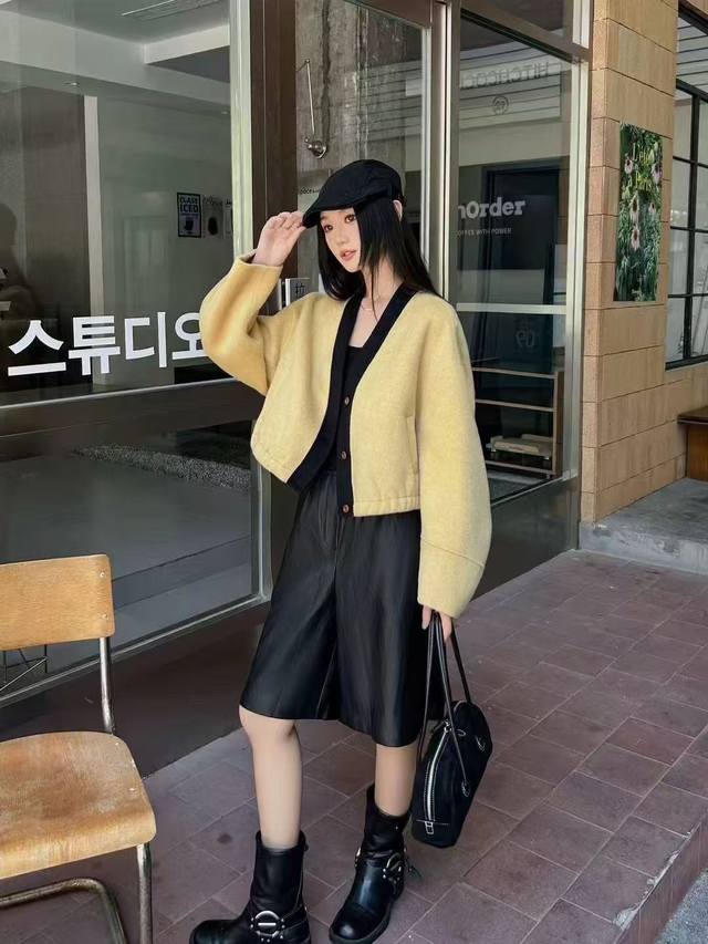 Korean Style V-Neck Petite High-End Double-Sided Cashmere Coat Women's Preppy Ca