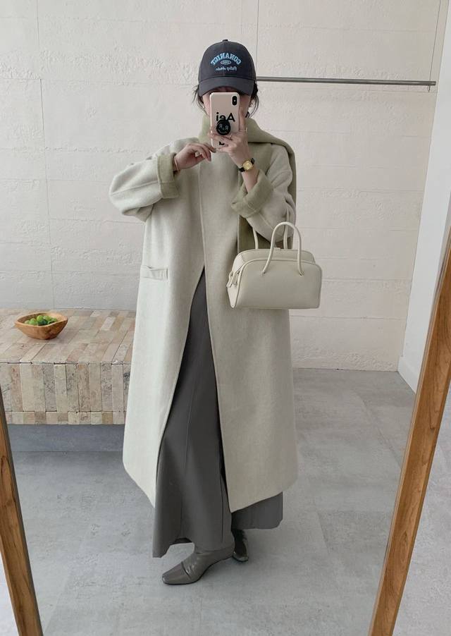 Color-blocked long Korean style loose double-sided cashmere coat for women, colo
