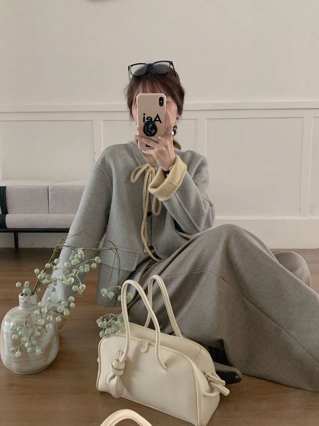 2025 New Korean Style Loose Fit Elegant Double-Sided Wool Coat with Ribbon, Chan