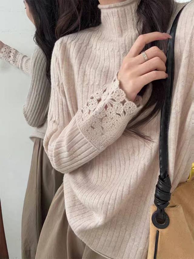 Full wool sleeves, openwork crochet turtleneck base layer Nine colors, one size