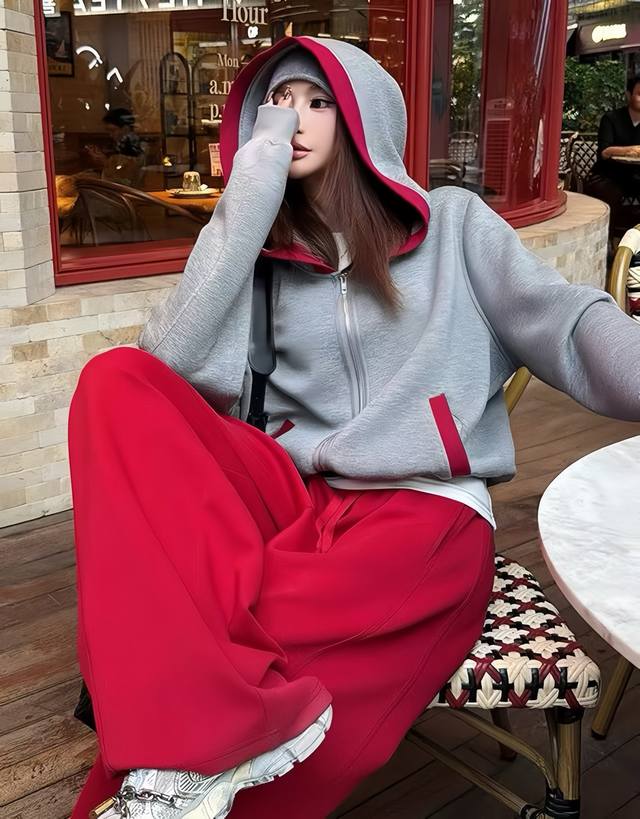 Hot Selling Item: Hooded Casual Wide-Leg Set. The grey hooded top is simple and