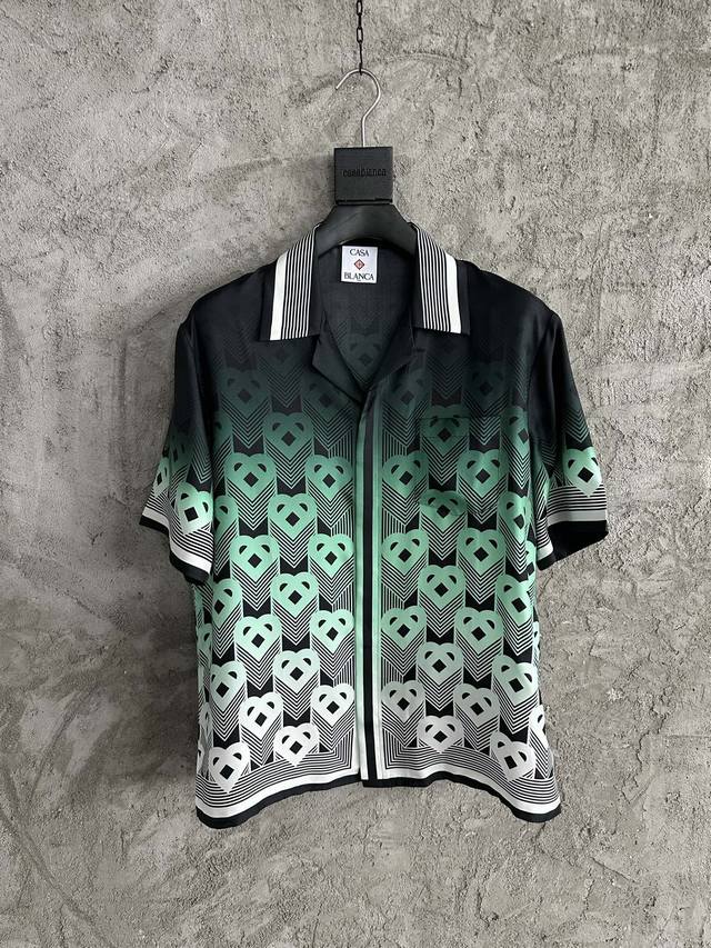 Casablanca 2025Ss Black Heart Pattern Silk Short-Sleeve Shirt, Custom Made, Impo