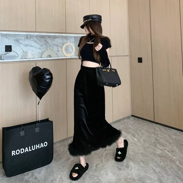 Velvet Slit Pencil Skirt A-line Bodycon Maxi Skirt Smlp DDD