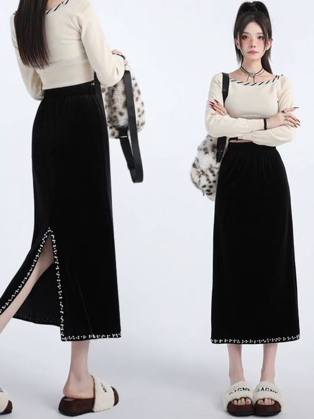 New Slit Studded Beaded Velvet Midi Skirt Smlp DDD