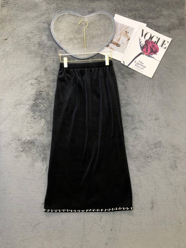 Slit Studded Beaded Velvet Midi Skirt Smlp DDD