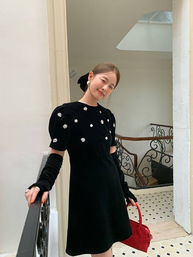 Hepburn-style beaded floral velvet A-line dress Smlp DDD