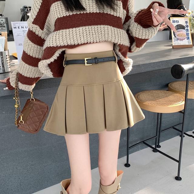 New Niche Design Fashionable A-line Wool Pleated Mini Skirt with Waist Chain p,