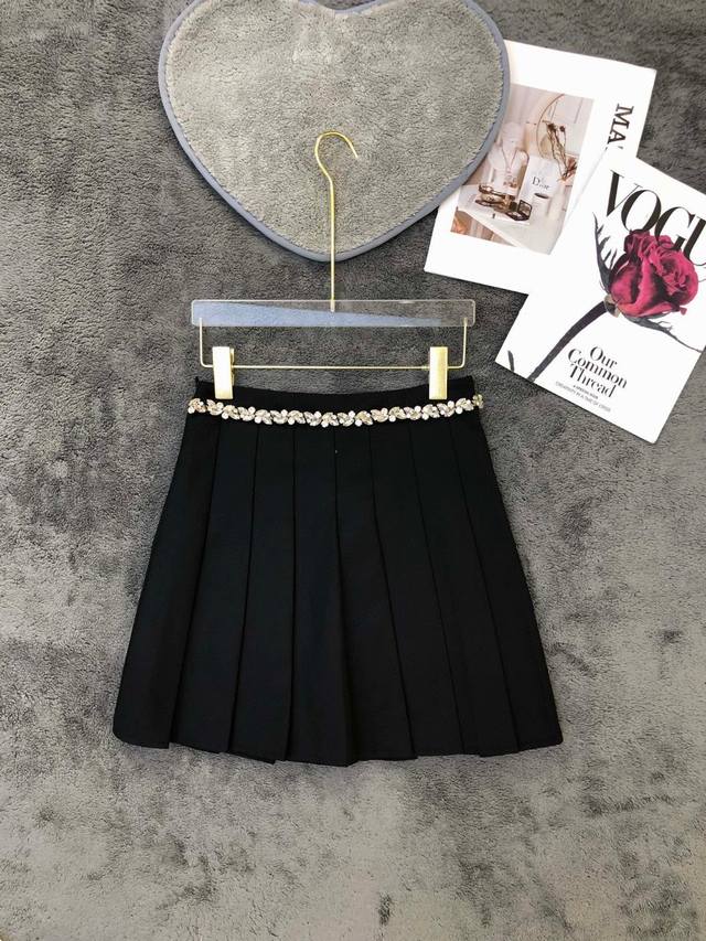 Designer-style rhinestone-embellished high-waisted pleated A-line mini skirt p S
