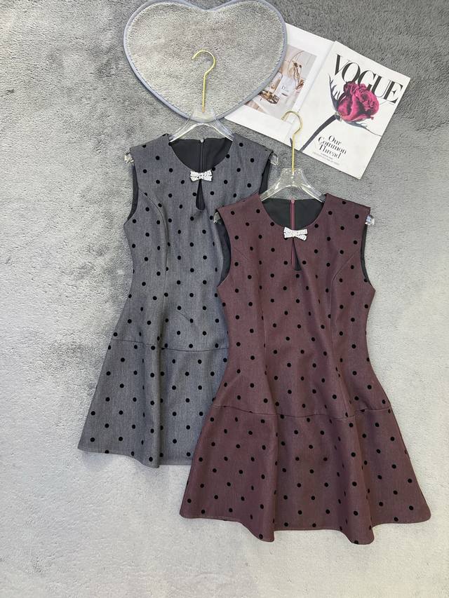 New Polka Dot Color Block Bow Rhinestone Dress Gray Red Smlpxl DDD