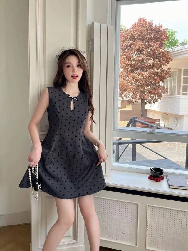 New Polka Dot Color Block Bow Rhinestone Dress Red and Gray Smlpxl DDD