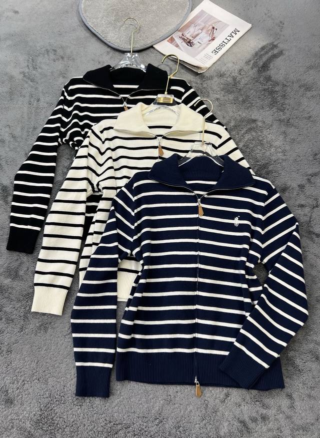 New Arrival Striped Collared Long-Sleeved Sweater Cardigan Black, White and Blu