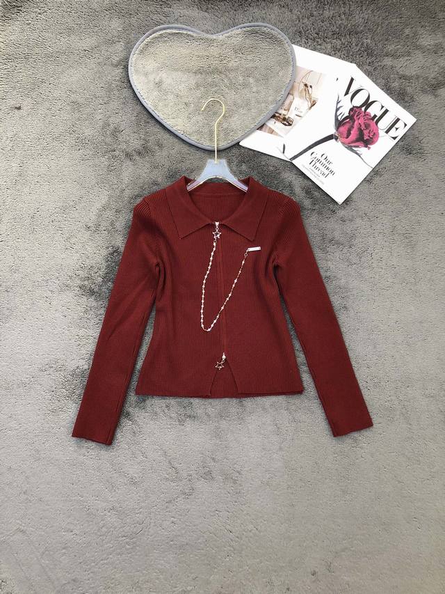 Collared Chain-Decorated Sweater Smlp DDD