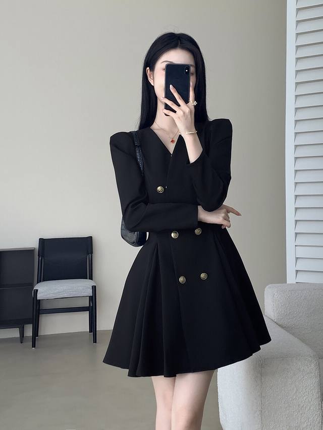 Designer V-neck Double-breasted Gold Button Suit Dress Smlp DDD