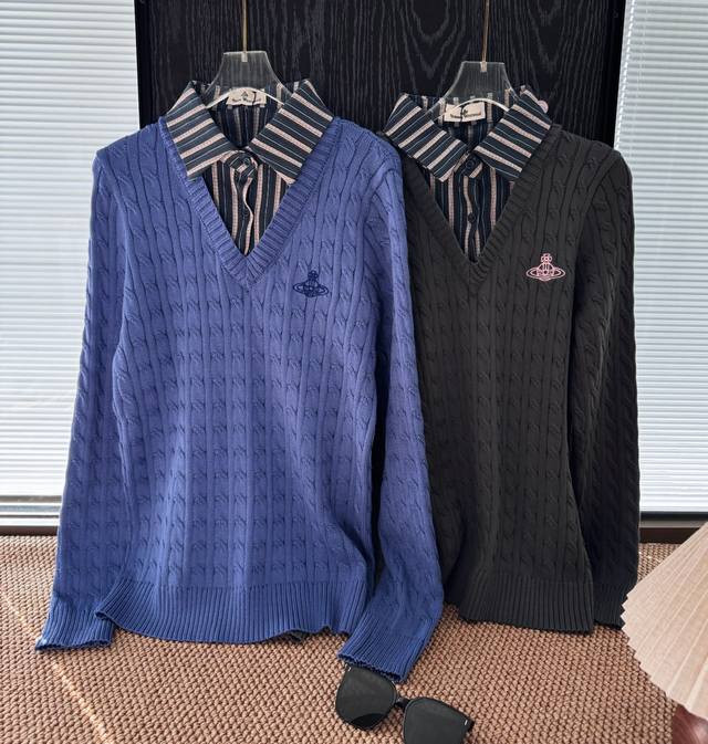 Product Name: * Saturn Queen Elizabeth II Faux Two-Piece Cable Knit V-Neck Swea