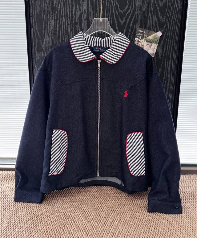 Product Name: Ralph Laur*N Retro Blue Striped Color-Blocked Logo Denim Jacket C