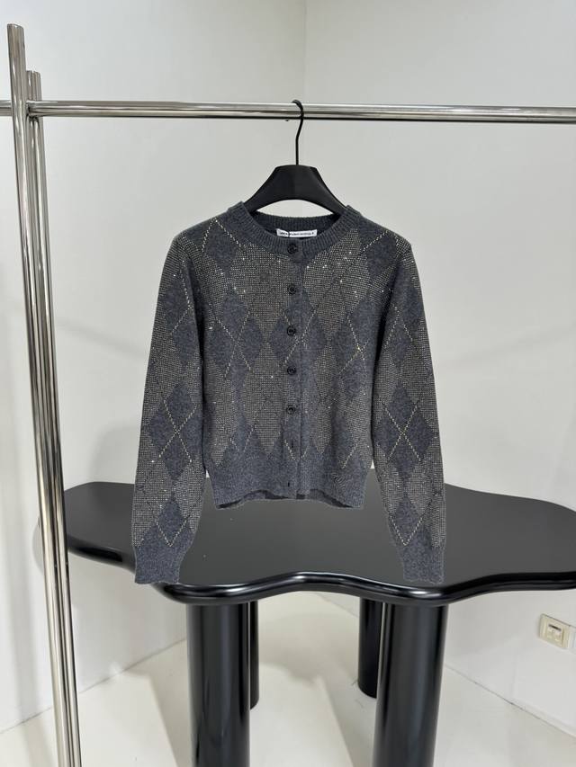 25 New Arrival Wool Rhinestone Crew Neck Cardigan Smoky Grey Wool Knit Fabric Br