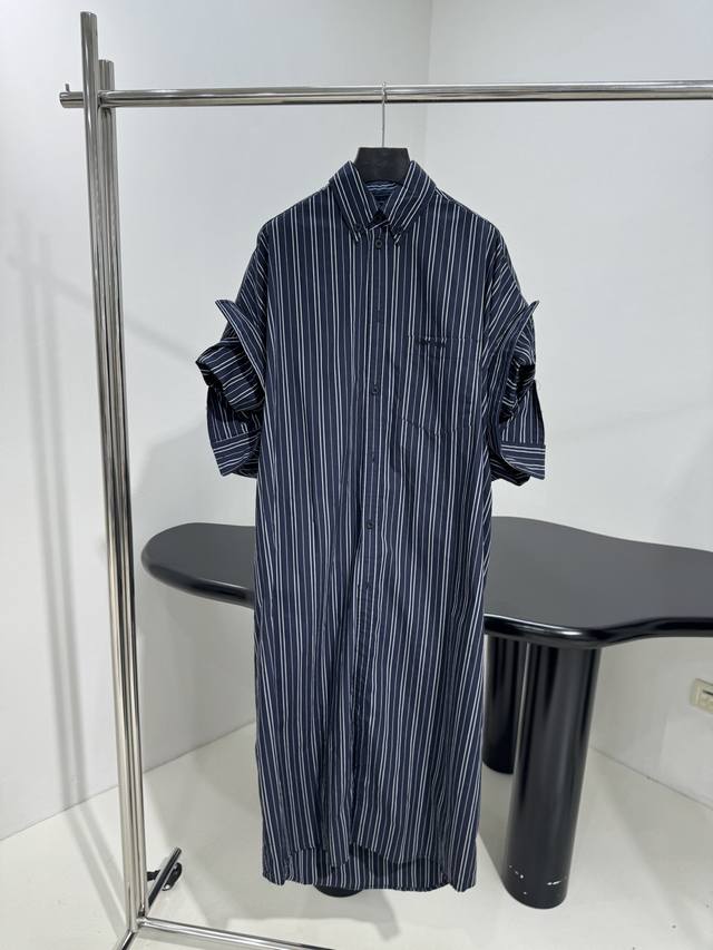 New Navy Blue Striped Poplin Fold-Sleeve Shirt Dress Custom-made yarn-dyed stri