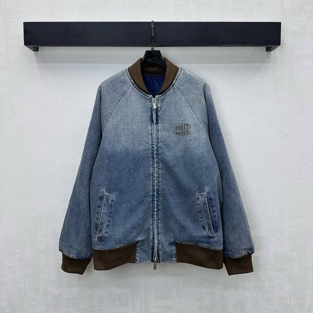 Miumi*2025 New Arrival: Denim Cotton-padded Baseball Jacket, Custom Yb Imported
