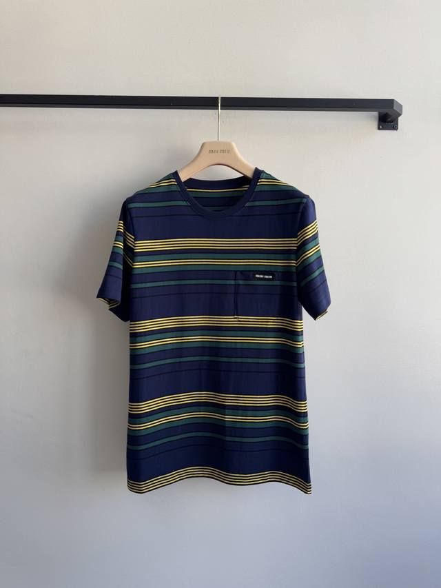 Miu Mi* 26Ss Early Spring New Arrival Preppy Striped Crew Neck Short Sleeve T-Sh
