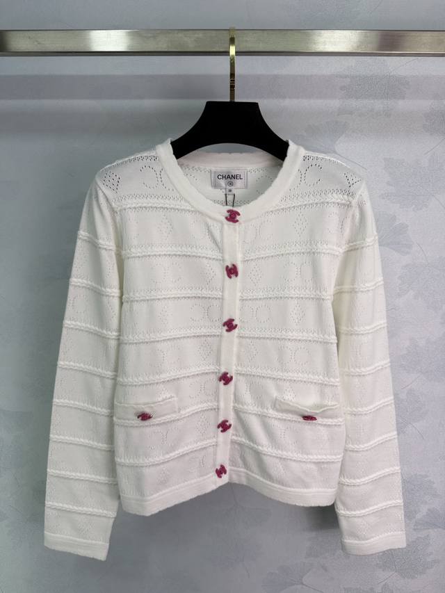 Ch*25 Early Autumn New Hollow-Out Knit Cardigan, Classic White Style, Pink Doubl