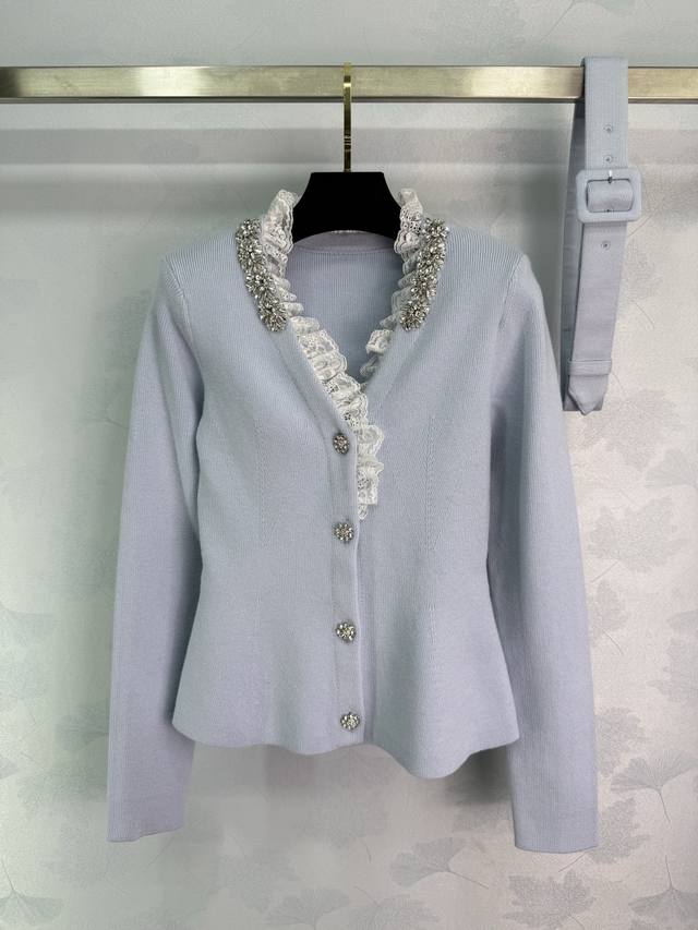 Se*2025 Autumn/Winter New Light Blue V-Neck Knit Cardigan with Lace Trim and Cry