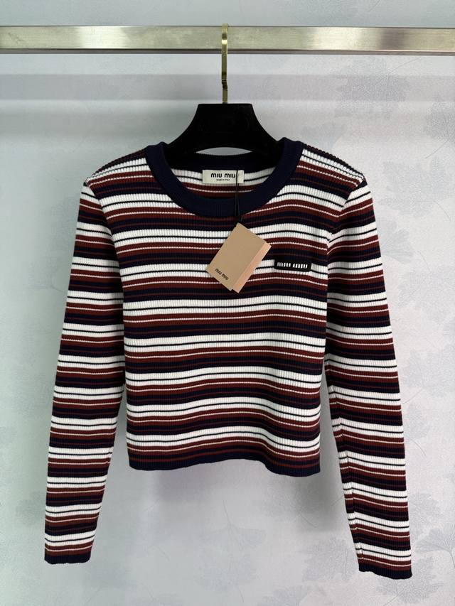 Miu*25 Early Autumn New Striped Knit Long-Sleeved Top with Embroidered Logo on C