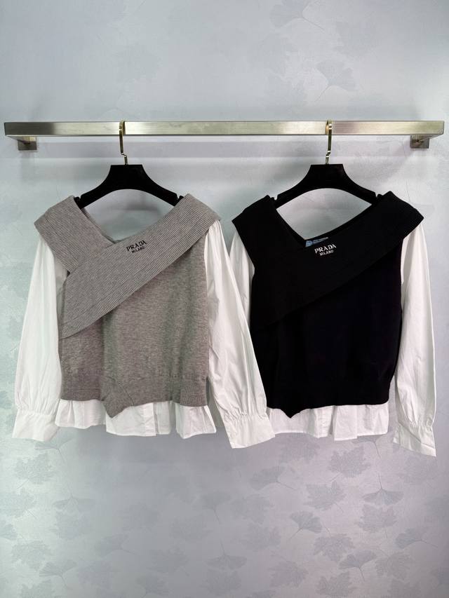 pr*25 Early Autumn New Style Faux Two-Piece Knitted Sweater, Layered with White