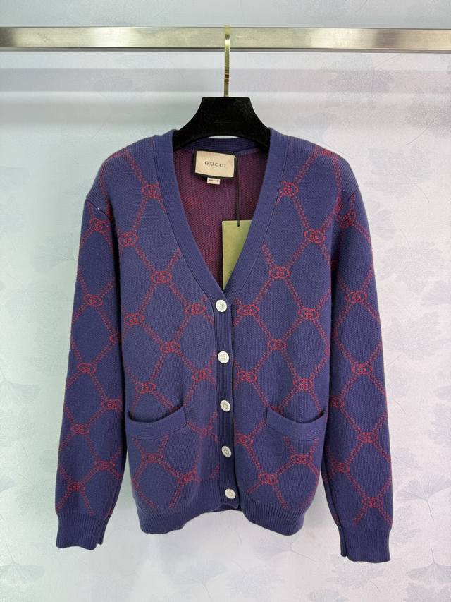 Gucc* Knit Cardigan, deep purple with a red "Gg" pattern, full of preppy style,