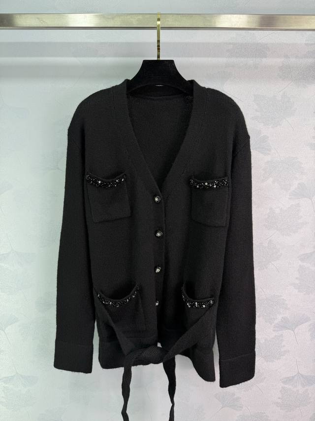 Chane* Black Knit Cardigan, classic black with sequin embellishments, elegant an