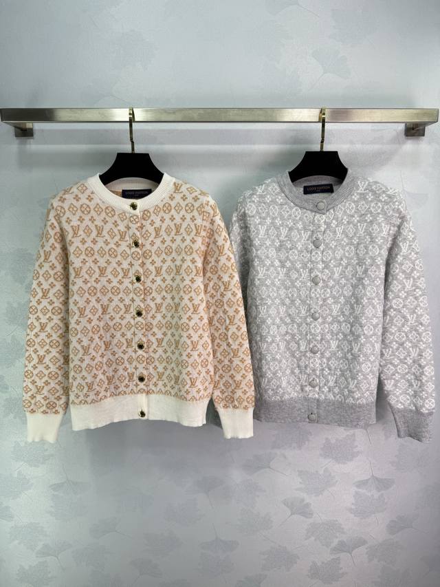 This Lou monogram knit cardigan features the classic Monogram pattern in beige